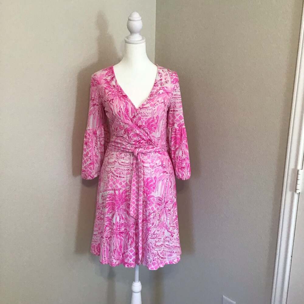 Lilly Pulitzer Chace Faux Wrap Dress Pink Blossom Palm Beach Paradise Medium - Picture 2 of 11